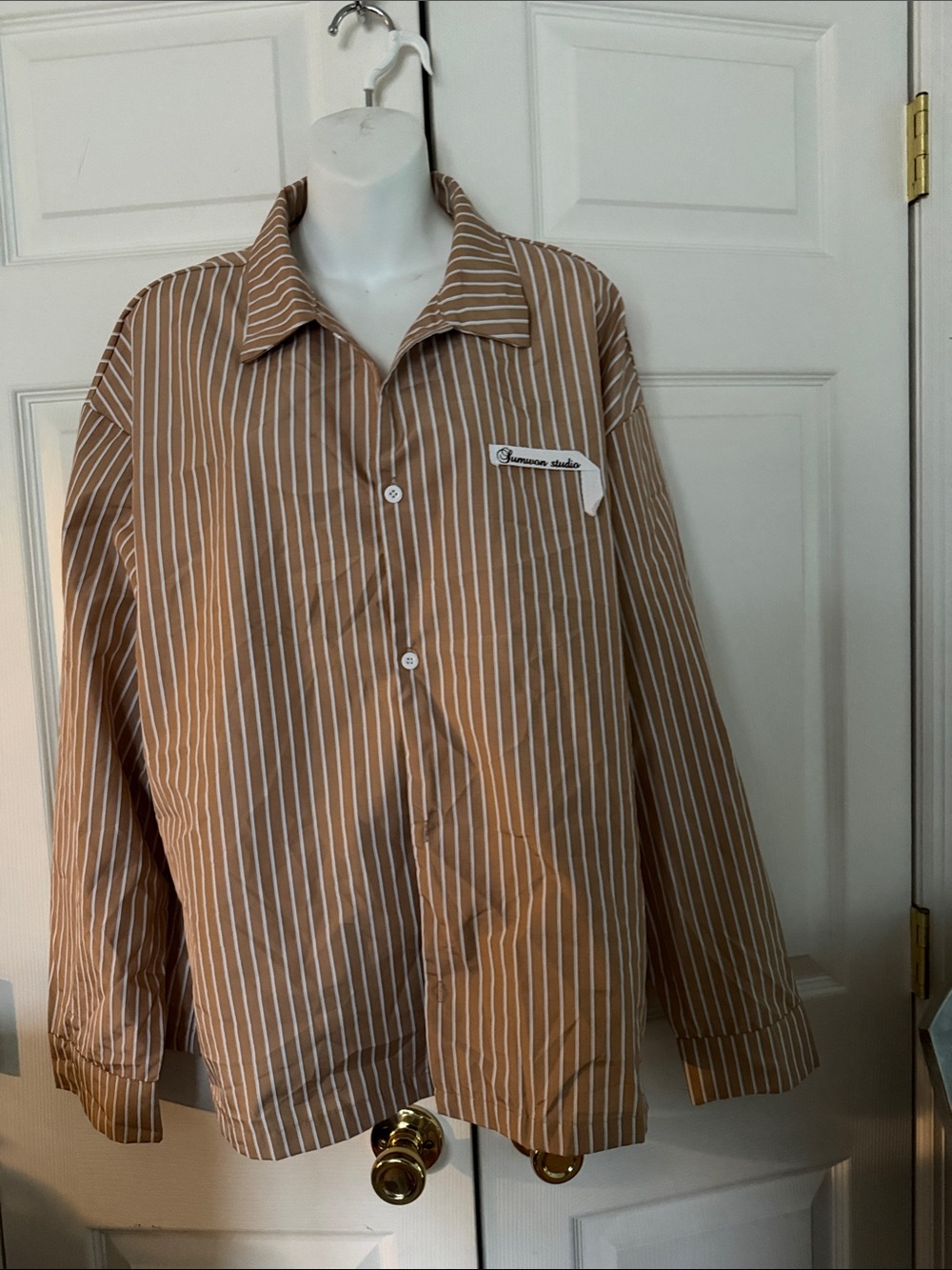 Casual unisex Tan Striped Button-Down Shirt